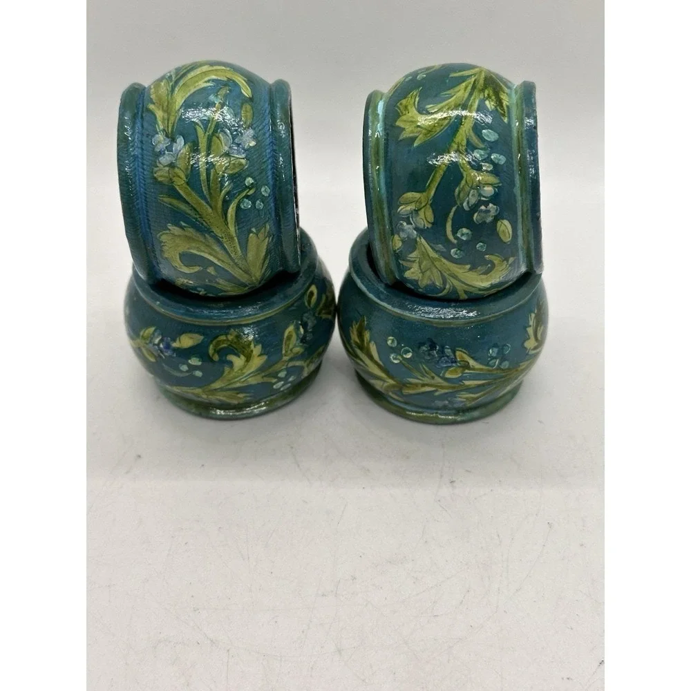 Set of 4 Hand Painted Wood Napkin Rings Blue Green Floral Folk Art Decor